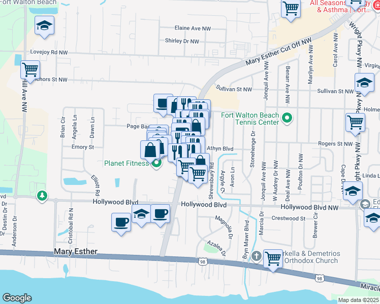 map of restaurants, bars, coffee shops, grocery stores, and more near 351 Florida 393 in Mary Esther
