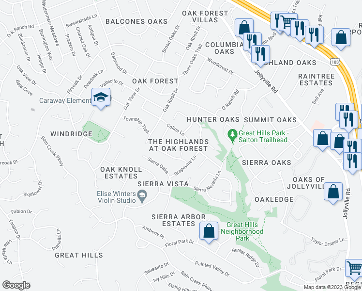 map of restaurants, bars, coffee shops, grocery stores, and more near 11111 Aerie Cove in Austin