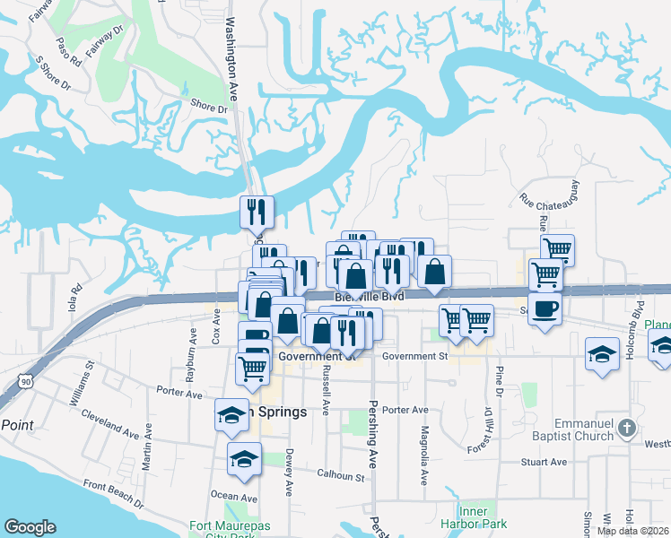 map of restaurants, bars, coffee shops, grocery stores, and more near 1200 Iberville Drive in Ocean Springs