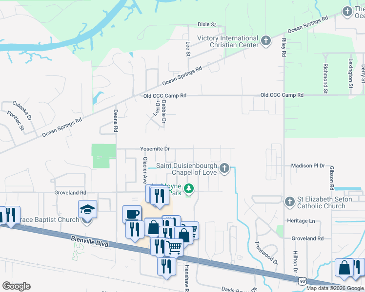 map of restaurants, bars, coffee shops, grocery stores, and more near 4111 Yosemite Drive in Ocean Springs