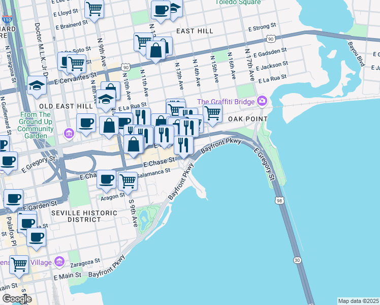 map of restaurants, bars, coffee shops, grocery stores, and more near 720 Bayfront Parkway in Pensacola