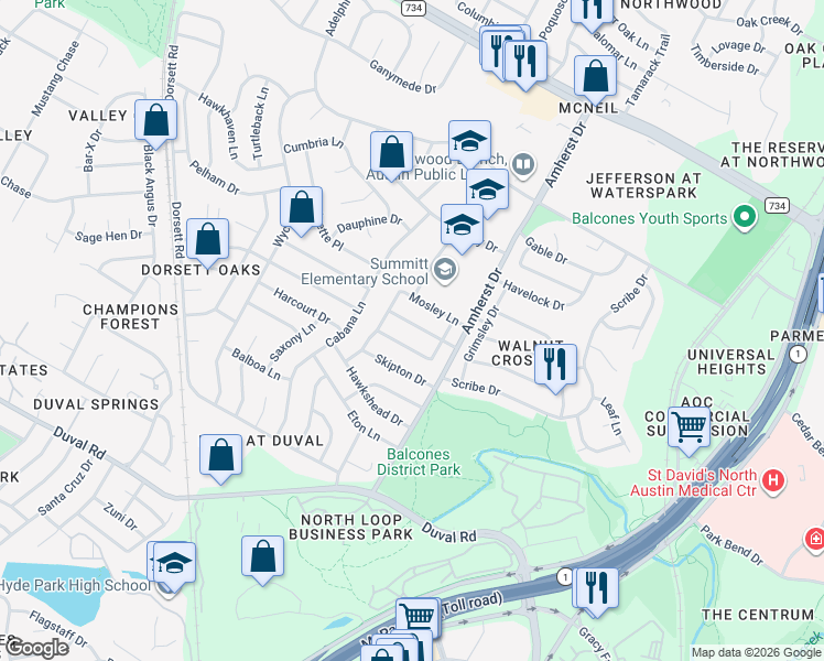 map of restaurants, bars, coffee shops, grocery stores, and more near 3811 Tattershall Lane in Austin