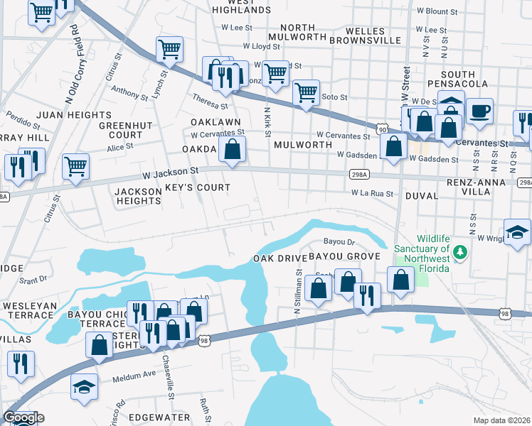 map of restaurants, bars, coffee shops, grocery stores, and more near 398 North Green Street in Pensacola