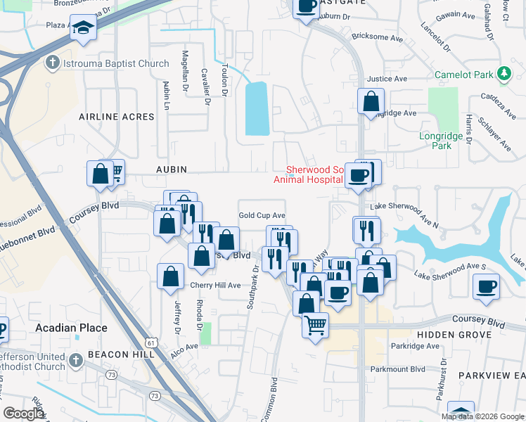 map of restaurants, bars, coffee shops, grocery stores, and more near 11117 Gold Cup Avenue in Baton Rouge