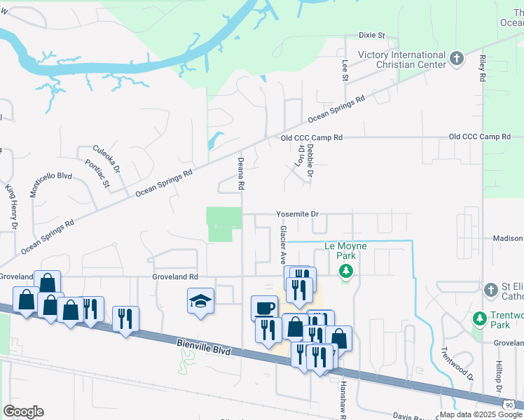 map of restaurants, bars, coffee shops, grocery stores, and more near 3909 Yosemite Drive in Ocean Springs