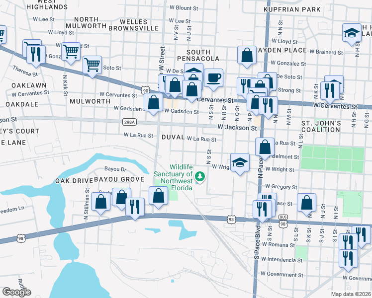 map of restaurants, bars, coffee shops, grocery stores, and more near 2603 West Belmont Street in Pensacola