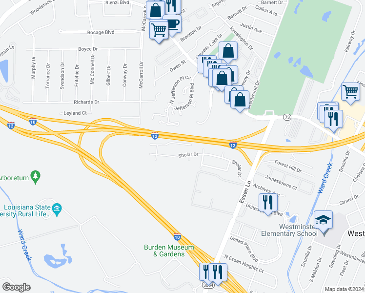 map of restaurants, bars, coffee shops, grocery stores, and more near 8054 Essen Cove Drive in Baton Rouge