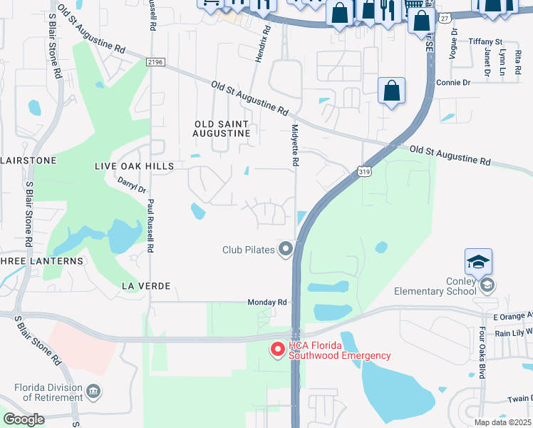 map of restaurants, bars, coffee shops, grocery stores, and more near 2074 Midyette Road in Tallahassee