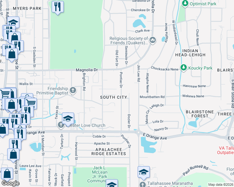 map of restaurants, bars, coffee shops, grocery stores, and more near 900 Ashburn Drive in Tallahassee