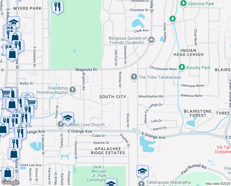map of restaurants, bars, coffee shops, grocery stores, and more near 900 Ashburn Drive in Tallahassee