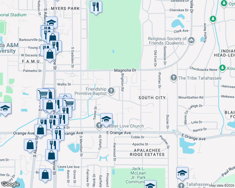 map of restaurants, bars, coffee shops, grocery stores, and more near 2445 King Street in Tallahassee