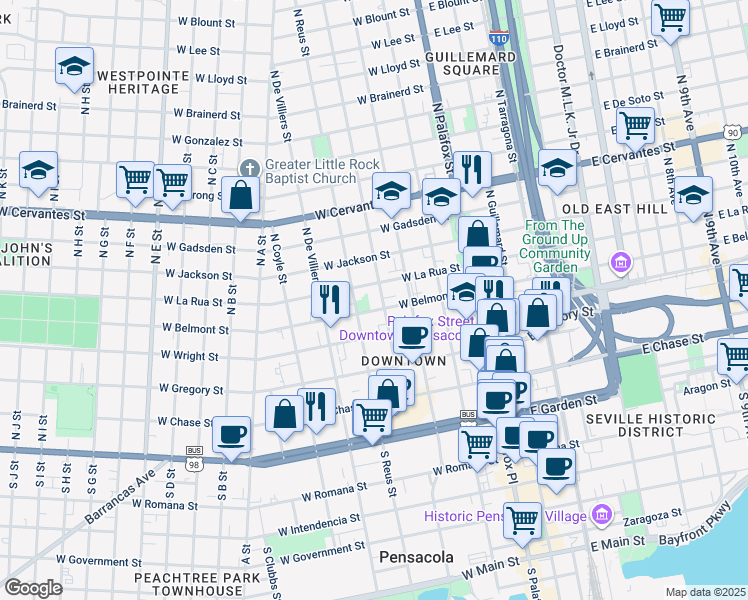 map of restaurants, bars, coffee shops, grocery stores, and more near 401 North Barcelona Street in Pensacola