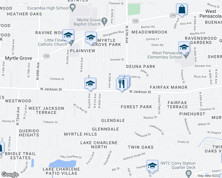 map of restaurants, bars, coffee shops, grocery stores, and more near 5818 West Jackson Street in Pensacola