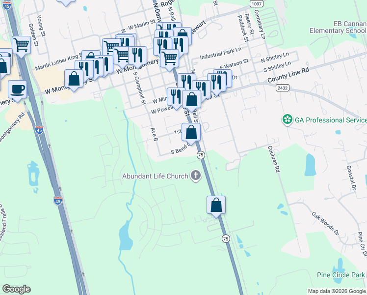 map of restaurants, bars, coffee shops, grocery stores, and more near 12269 State Highway 75 North in Willis