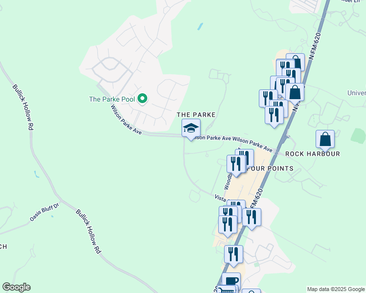 map of restaurants, bars, coffee shops, grocery stores, and more near 11980-11998 Vista Parke Drive in Austin