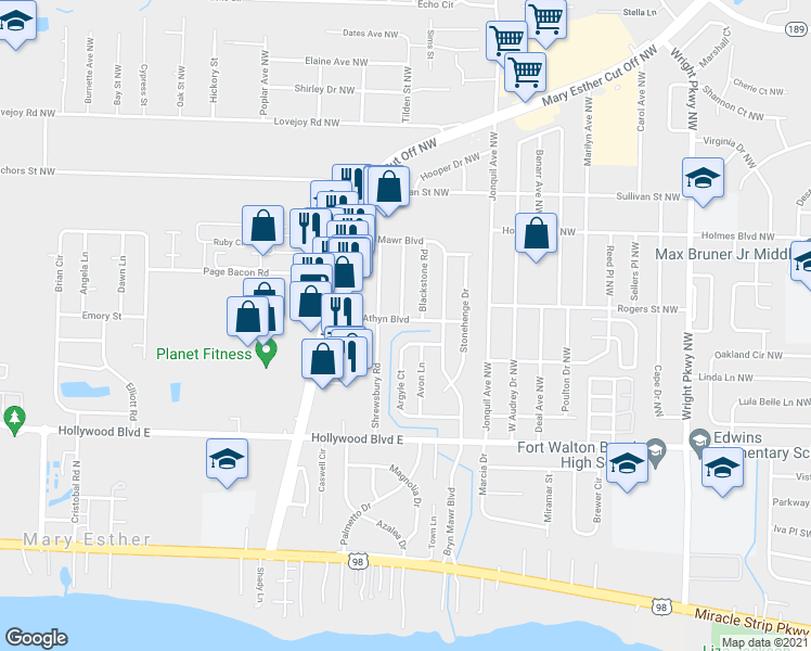 map of restaurants, bars, coffee shops, grocery stores, and more near 341 Bryn Athyn Boulevard in Mary Esther