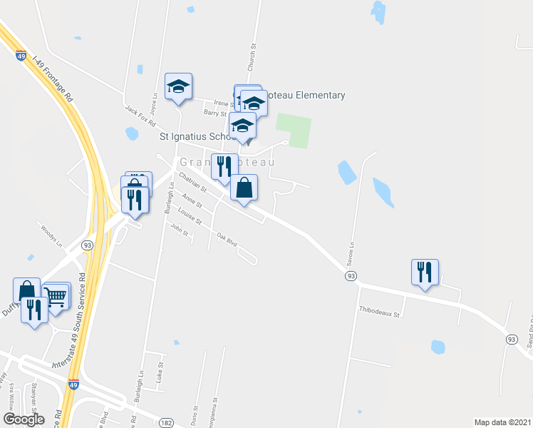 map of restaurants, bars, coffee shops, grocery stores, and more near Highway 93 in Grand Coteau