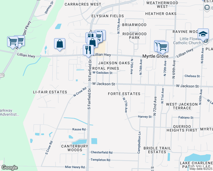 map of restaurants, bars, coffee shops, grocery stores, and more near 7721 West Jackson Street in Pensacola