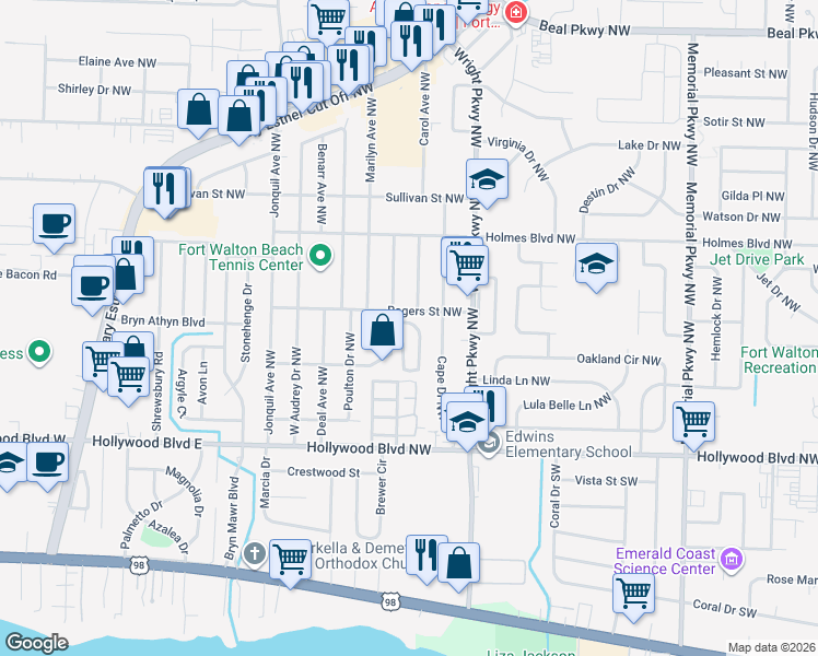 map of restaurants, bars, coffee shops, grocery stores, and more near 390 Canterbury Circle Northwest in Fort Walton Beach