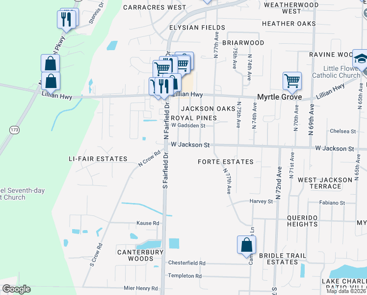 map of restaurants, bars, coffee shops, grocery stores, and more near 598 West Fairfield Drive in Pensacola