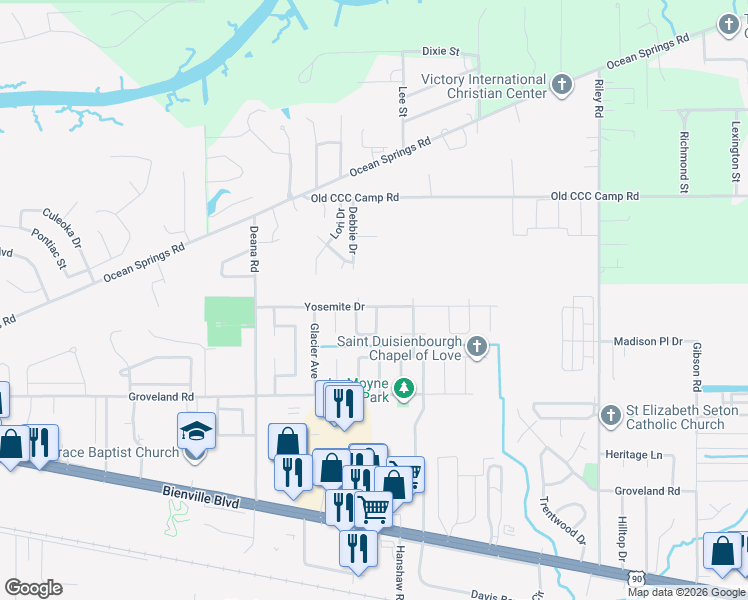 map of restaurants, bars, coffee shops, grocery stores, and more near 4111 Yosemite Drive in Ocean Springs