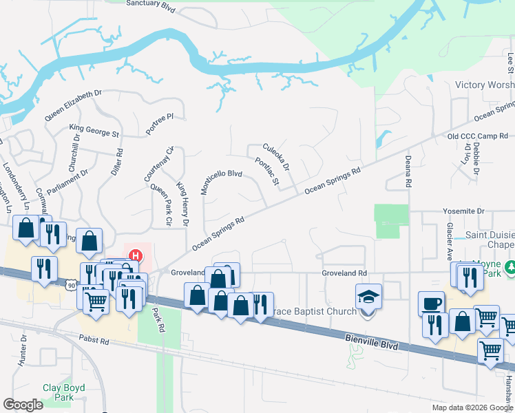 map of restaurants, bars, coffee shops, grocery stores, and more near 9361-9453 Ocean Springs Road in Ocean Springs