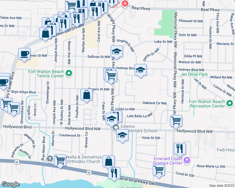 map of restaurants, bars, coffee shops, grocery stores, and more near 26 Olde Cypress Circle Northwest in Fort Walton Beach