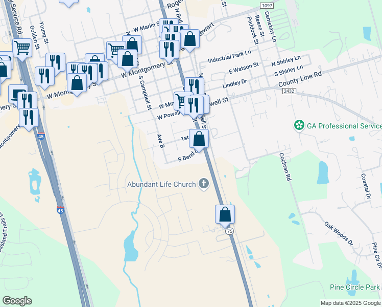 map of restaurants, bars, coffee shops, grocery stores, and more near 716 South Bend Drive in Willis