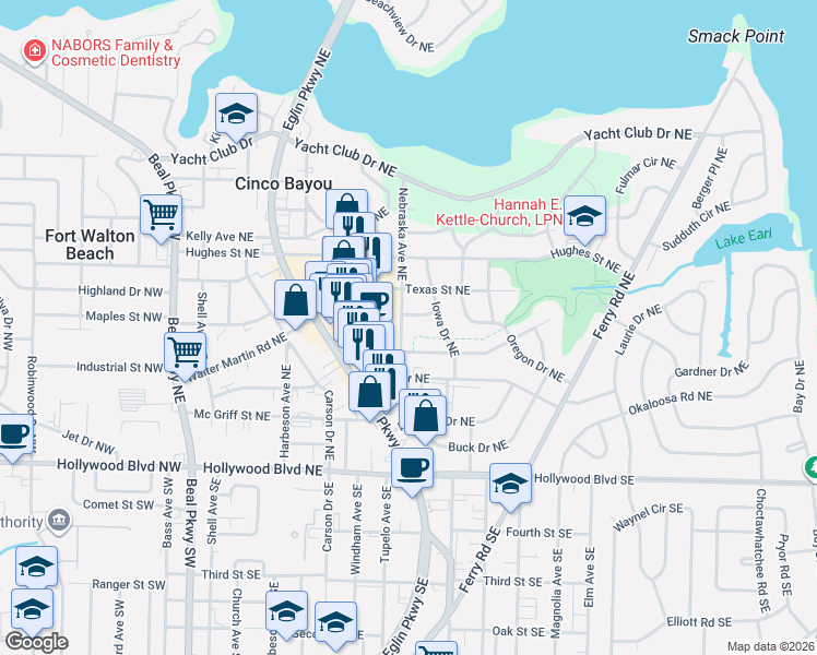 map of restaurants, bars, coffee shops, grocery stores, and more near 127 California Drive Northeast in Fort Walton Beach
