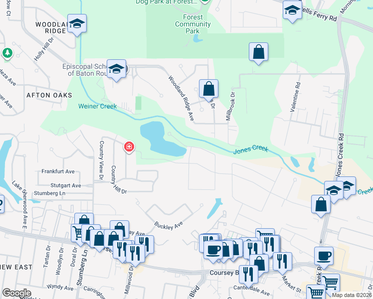 map of restaurants, bars, coffee shops, grocery stores, and more near 14174 Woodland Ridge Avenue in Baton Rouge