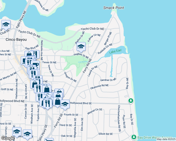 map of restaurants, bars, coffee shops, grocery stores, and more near 302 Smith Drive Northeast in Fort Walton Beach