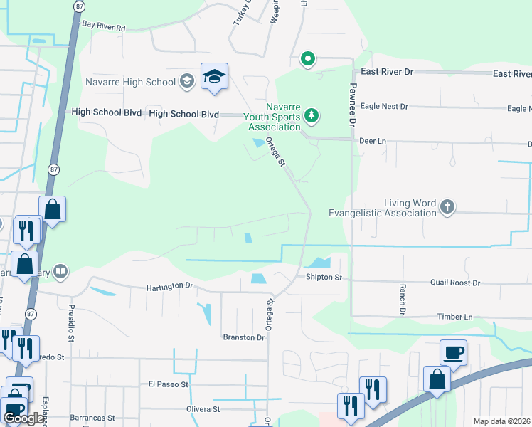 map of restaurants, bars, coffee shops, grocery stores, and more near 8240 Cosica Boulevard in Navarre