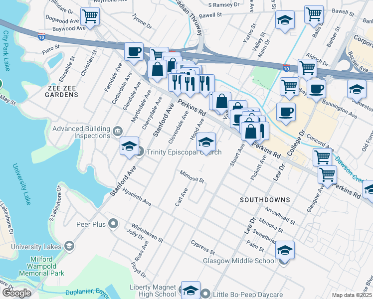 map of restaurants, bars, coffee shops, grocery stores, and more near 2050 Hood Avenue in Baton Rouge