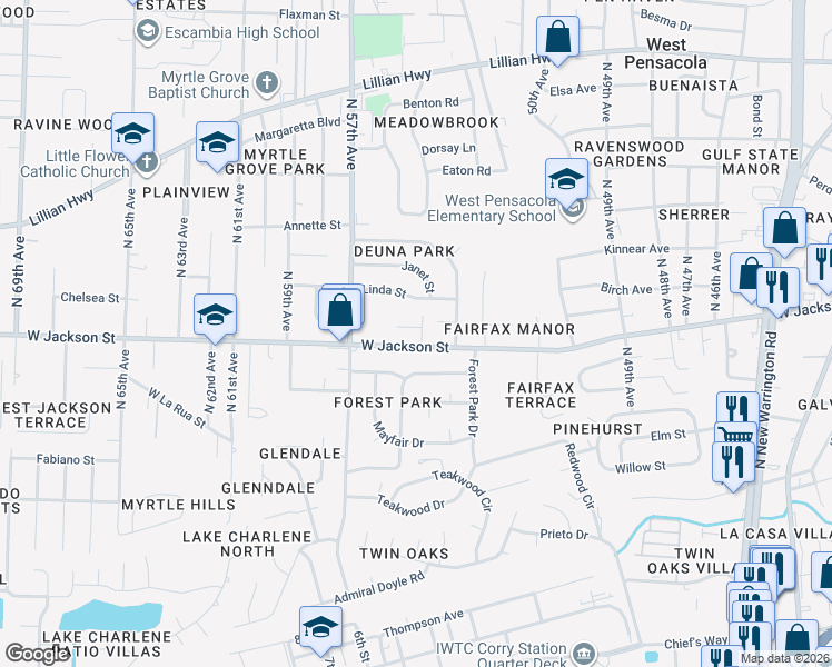 map of restaurants, bars, coffee shops, grocery stores, and more near 605 Woodsman Drive in Pensacola