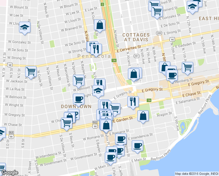 map of restaurants, bars, coffee shops, grocery stores, and more near 106 East Wright Street in Pensacola