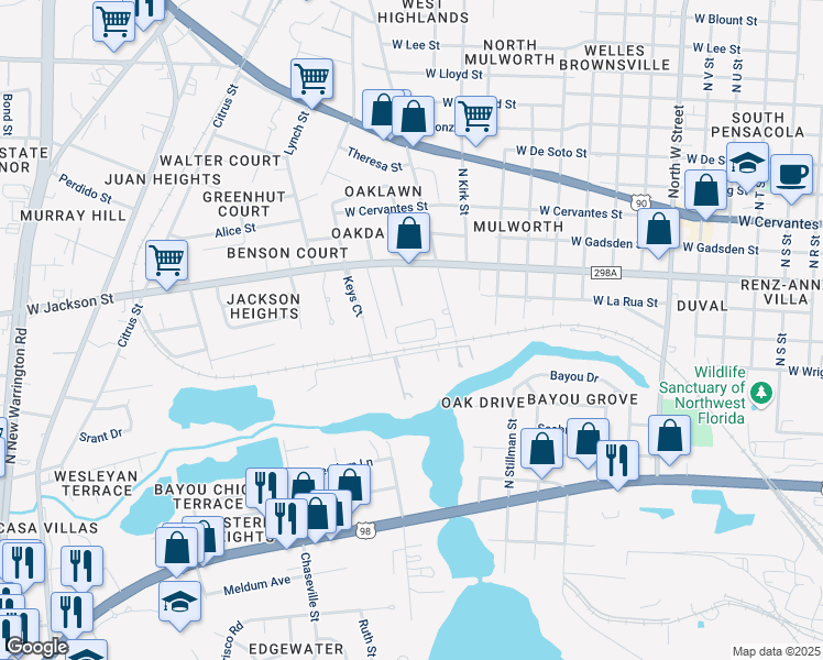 map of restaurants, bars, coffee shops, grocery stores, and more near 3766 Frontera Circle in Pensacola