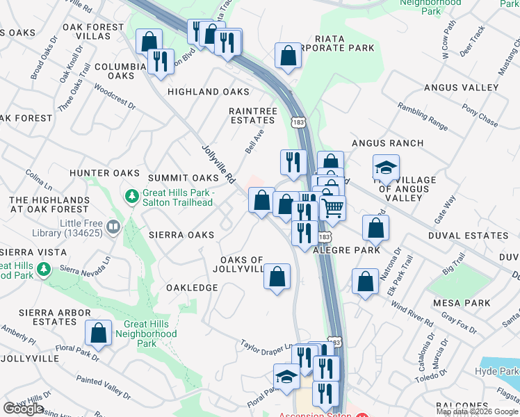 map of restaurants, bars, coffee shops, grocery stores, and more near Duval Rd & Jollyville Rd in Austin