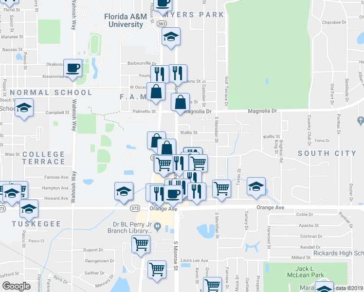 map of restaurants, bars, coffee shops, grocery stores, and more near 2411 South Monroe Street in Tallahassee