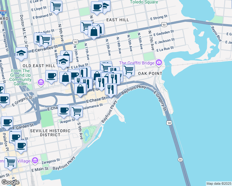 map of restaurants, bars, coffee shops, grocery stores, and more near 730 East Chase Street in Pensacola