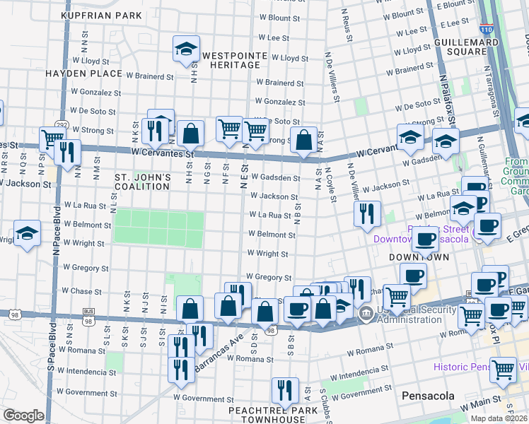 map of restaurants, bars, coffee shops, grocery stores, and more near 1005 West La Rua Street in Pensacola