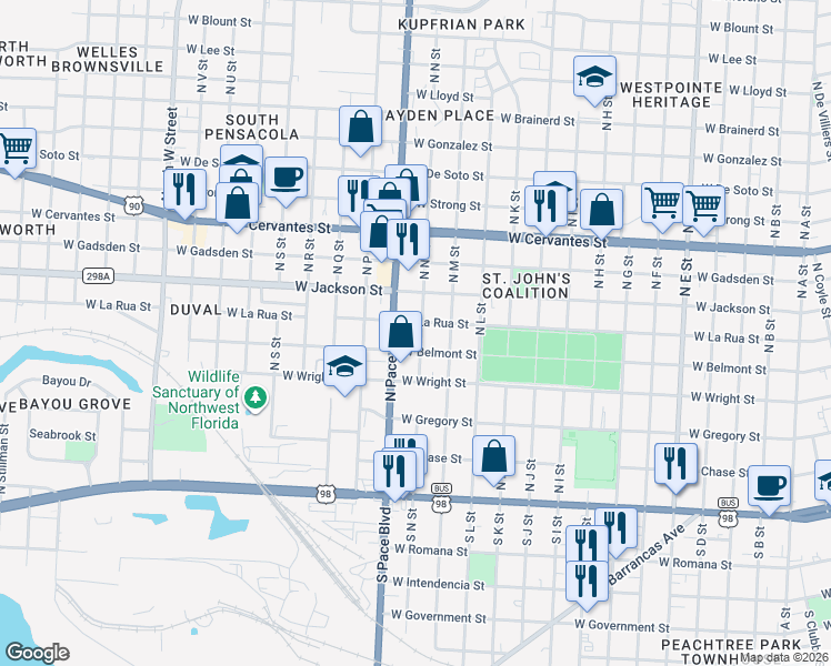 map of restaurants, bars, coffee shops, grocery stores, and more near 1910 West Belmont Street in Pensacola