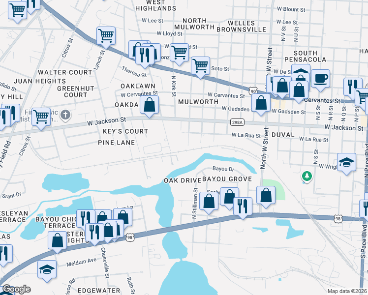 map of restaurants, bars, coffee shops, grocery stores, and more near 398 North Green Street in Pensacola