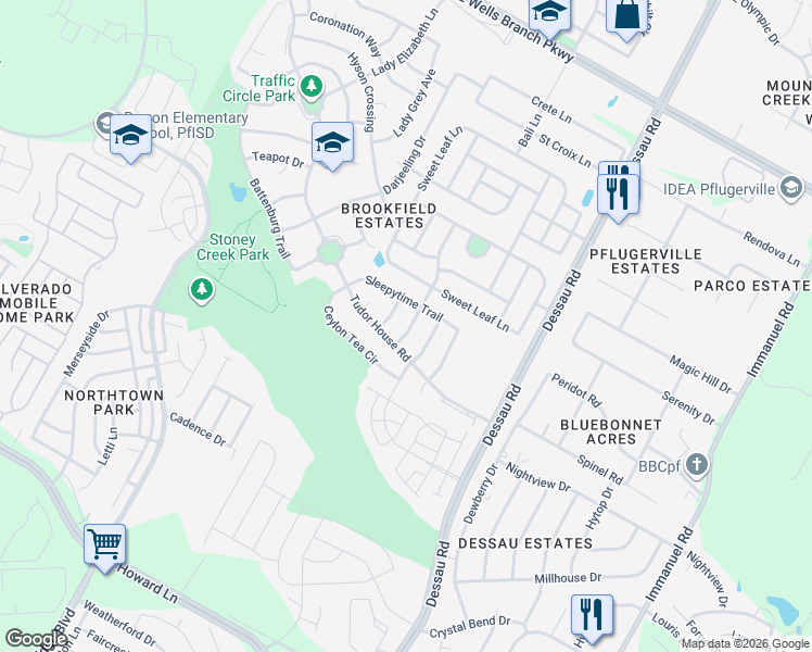 map of restaurants, bars, coffee shops, grocery stores, and more near 14316 Harcourt House Lane in Pflugerville