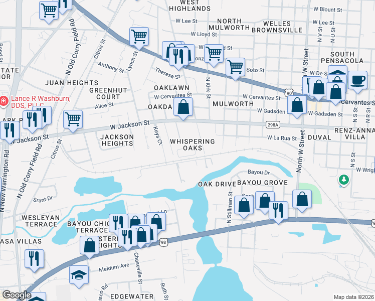 map of restaurants, bars, coffee shops, grocery stores, and more near 3800 Frontera Circle in Pensacola