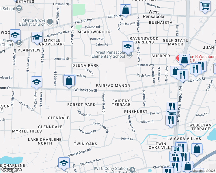 map of restaurants, bars, coffee shops, grocery stores, and more near 600 Edgecliff Drive in Pensacola