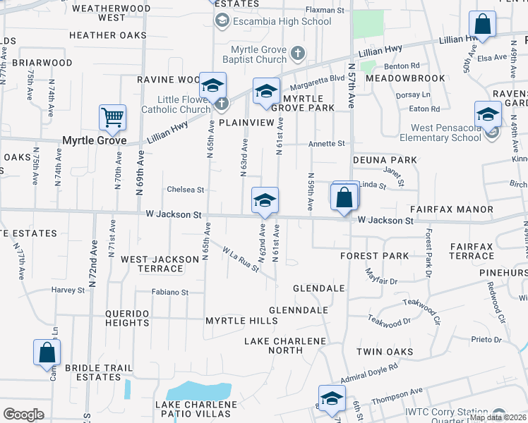 map of restaurants, bars, coffee shops, grocery stores, and more near 6118 West Jackson Street in Pensacola