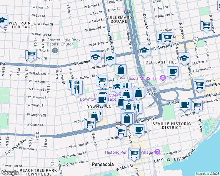 map of restaurants, bars, coffee shops, grocery stores, and more near N Baylen St & W Belmont St in Pensacola