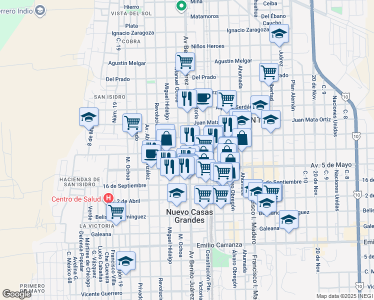 map of restaurants, bars, coffee shops, grocery stores, and more near 401 Avenida Benito Juárez in Nuevo Casas Grandes