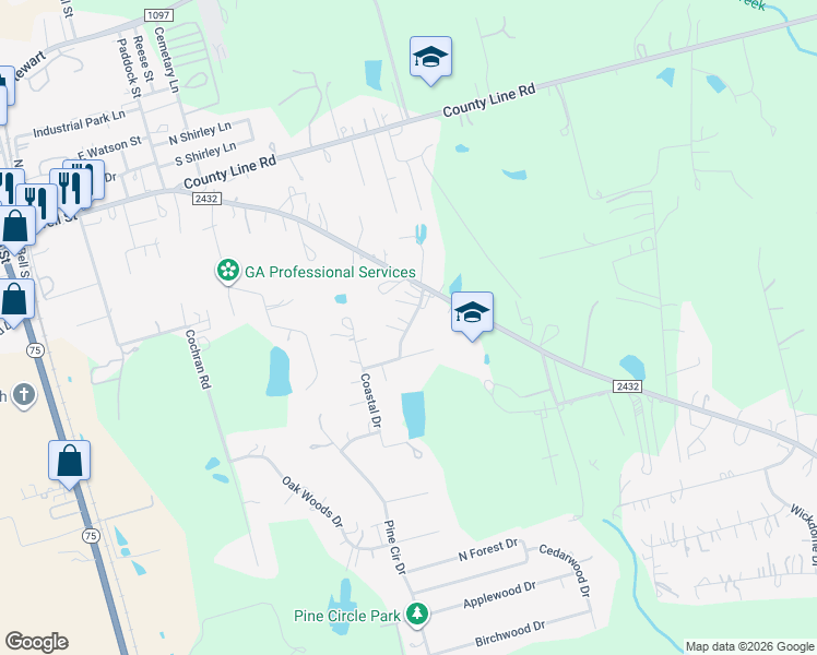 map of restaurants, bars, coffee shops, grocery stores, and more near Oak Meadow Drive in Montgomery County