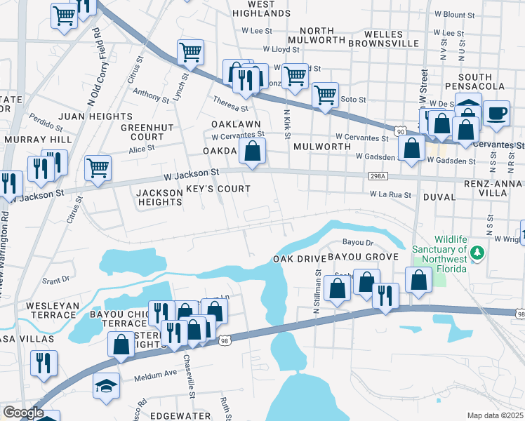 map of restaurants, bars, coffee shops, grocery stores, and more near 3800 Frontera Circle in Pensacola